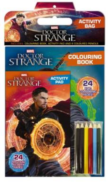 Colorful Doctor Strange activity bag featuring a coloring book, activity pad, and pencils for creative fun and learning.