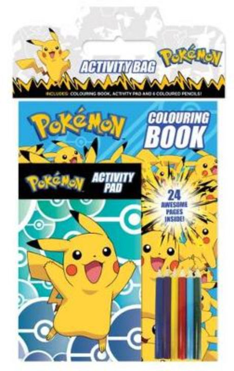 Pokémon Activity Bag featuring a coloring book, activity pad, and six colored pencils for creative fun and learning.