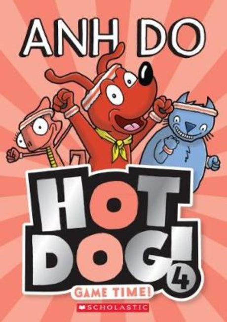 Colorful chapter book 'Game Time! (Hot Dog! #4)' featuring Hotdog, Lizzie, and Kev training for a thrilling GAME DAY adventure.