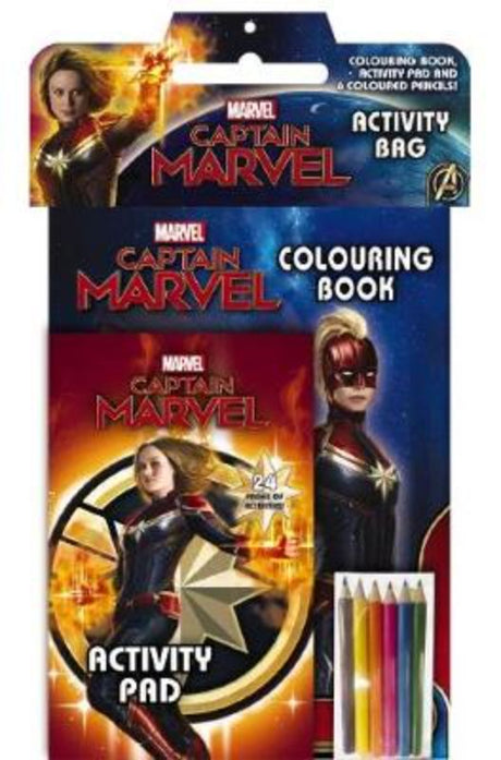 Colorful Captain Marvel activity bag featuring a coloring book, puzzle pad, and vibrant pencils for creative fun.