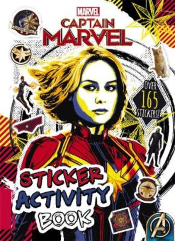 Colorful Captain Marvel Sticker Activity Book with engaging puzzles and stickers for young superhero fans.