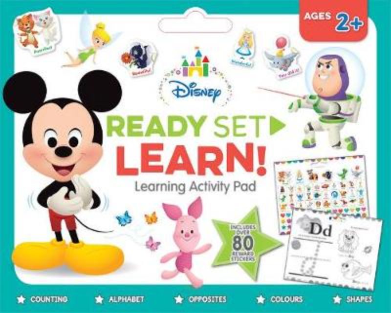 Colorful Disney Baby learning activity pad with 128 pages, featuring Mickey Mouse and fun educational games for toddlers.