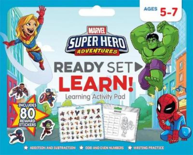 Bright activity pad featuring Marvel superheroes, engaging kids aged 5-7 in math and spelling through fun exercises.