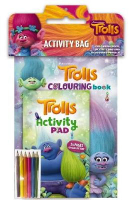 Activity bag featuring Trolls coloring book, puzzle pad, and six colorful pencils for creative fun and learning.