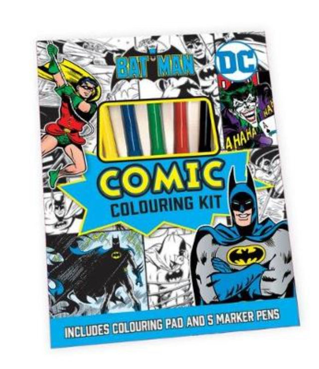 Batman: Comic Colouring Kit featuring 48 detailed pages and 5 vibrant markers for creative fun and relaxation.