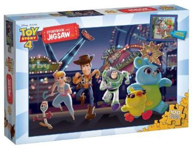 Toy Story 4 Storybook and Jigsaw Set featuring Woody's quest to rescue Forky, with vibrant illustrations and a fun puzzle.