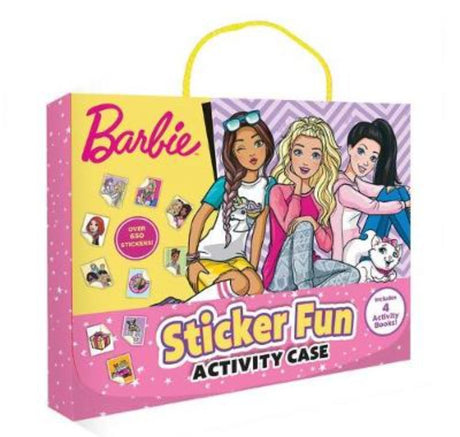 Colorful Barbie sticker activity case featuring four books and extra stickers, perfect for creative play on the go.