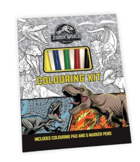 Colouring kit featuring 48 pages of Jurassic World scenes and five quality markers for creative dinosaur adventures.