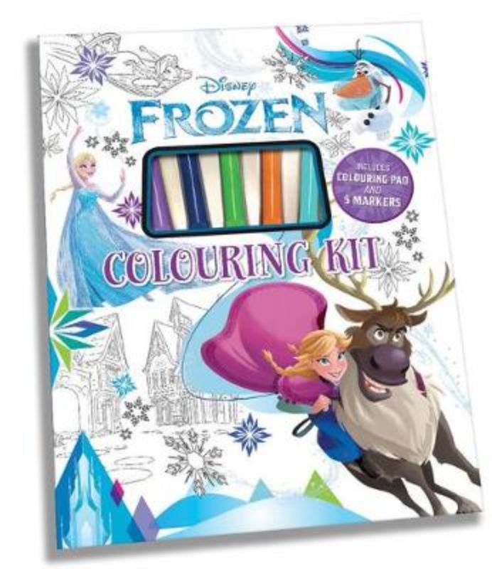 Disney's Frozen Colouring Kit featuring 48 pages of characters, five markers, and easy tear-out for creative fun.