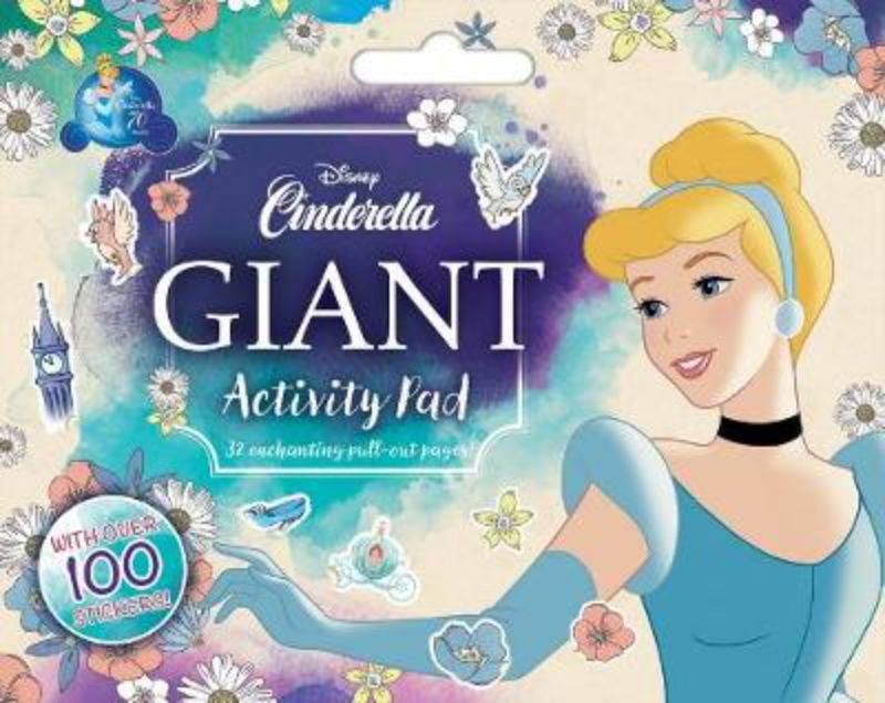 Giant Cinderella activity pad with 32 pages of coloring, puzzles, and mazes for young Disney Princess fans.