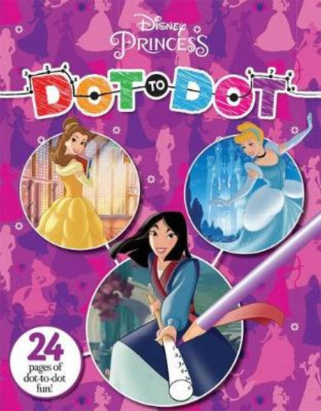 Colorful activity book featuring 24 dot-to-dot challenges with Disney Princesses for creative kids aged 4 and up.