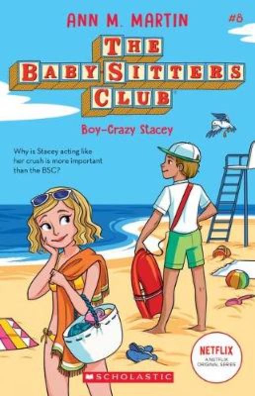 Vibrant cover of 'Boy-Crazy Stacey' from The Baby-Sitters Club, featuring summer love and friendship at the New Jersey shore.