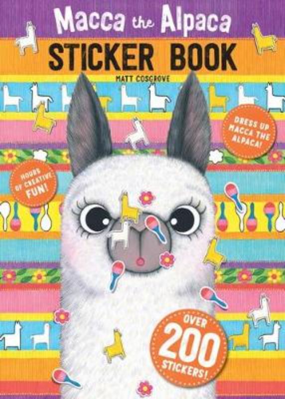 Colorful Macca the Alpaca Sticker Book with 24 pages of engaging activities and stickers for kids aged 3 and up.