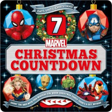 Marvel Christmas Countdown Tin featuring an interactive dial, surprise key, sticker sheets, and a 128-page hero treasury.