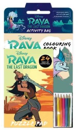 Colorful Raya and the Last Dragon activity bag with coloring book, puzzle pad, and pencils for imaginative play.