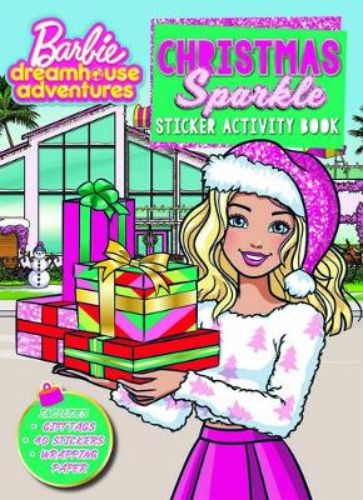 Colorful cover of "Barbie Dreamhouse Adventures: Christmas Sparkle" activity book with Barbie and friends celebrating Christmas.