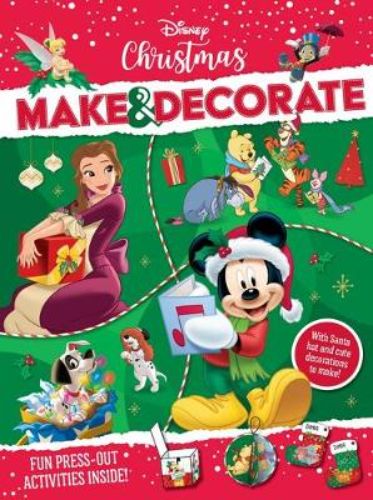 Disney Christmas: Make & Decorate activity book featuring festive crafts for kids, including baubles, hats, and decorations.