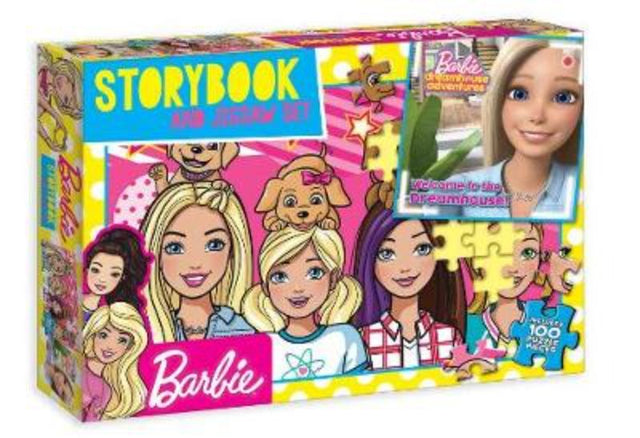 Colorful Barbie storybook and jigsaw puzzle set for interactive storytelling and playful learning adventures.