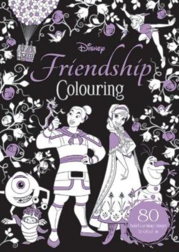 Adult coloring book featuring 80 illustrations of Disney friendships, perfect for creativity and relaxation.