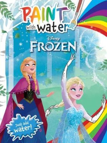 A child painting with watercolors in the Frozen Classic book, featuring Elsa, Anna, and Olaf images on the pages.