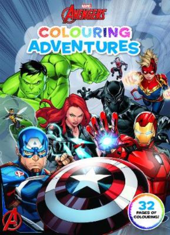 Avengers Classic Colouring Adventures book featuring 32 pages of Marvel heroes for kids aged 4 and up to colour and enjoy.