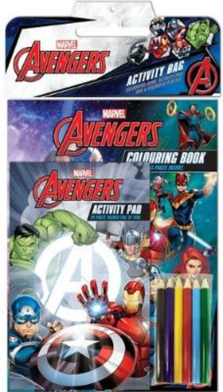 Avengers Classic Activity Bag featuring a coloring book, puzzle pad, and pencils for creative fun with Marvel heroes.