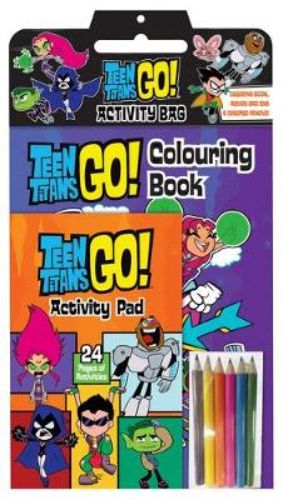 Teen Titans Go! Activity Bag featuring a coloring book, puzzle pad, and pencils with favorite characters for creative fun.