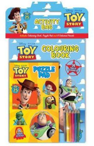 Colorful Toy Story activity bag featuring a coloring book, puzzle pad, and colored pencils for creative fun on the go.