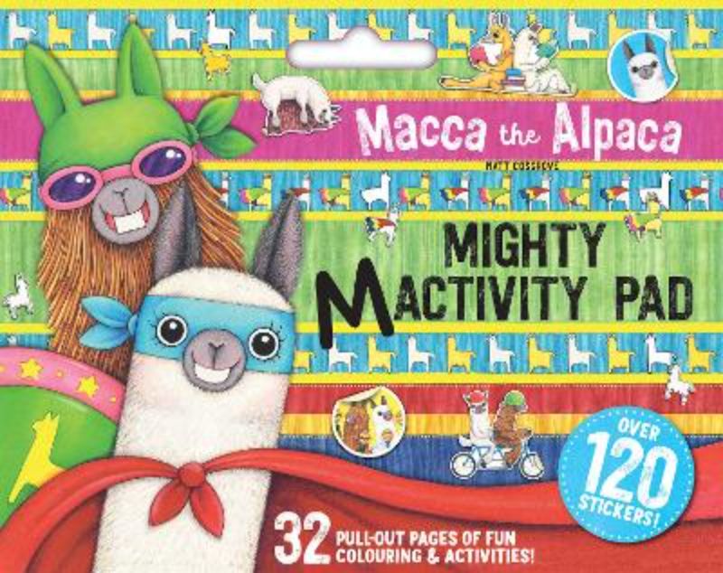 Giant activity pad featuring Macca the Alpaca with coloring pages, stickers, and engaging activities for kids.