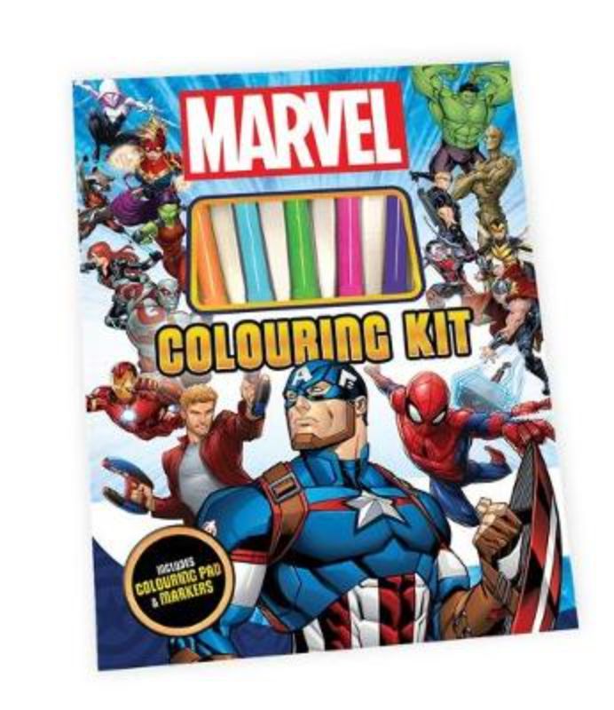 Marvel Colouring Kit with 48 pages of superhero illustrations for kids, featuring Spider-Man, Iron Man, Hulk, Rocket, and Groot.