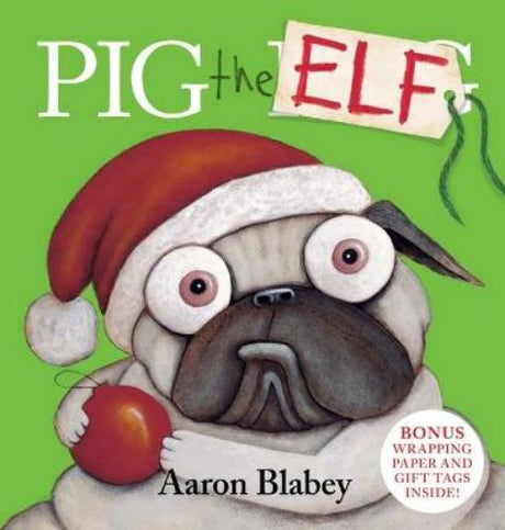 Delightful Christmas set with "Pig the Elf" book, festive wrapping paper, and six colorful gift tags for holiday cheer.
