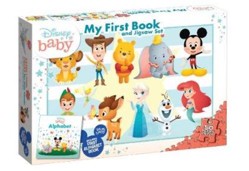 Colorful Disney Baby Book and jigsaw puzzle set for toddlers featuring Mickey, Goofy, and Woody, perfect for learning and play.