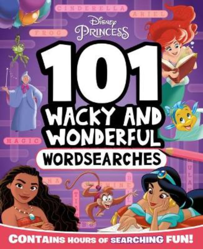 Colorful activity book featuring 101 wordsearch puzzles with Disney Princess characters for fun and learning.