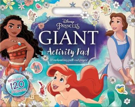 Colorful Disney Princess giant activity pad featuring 32 pages of coloring, mazes, puzzles, and stickers for creative fun.