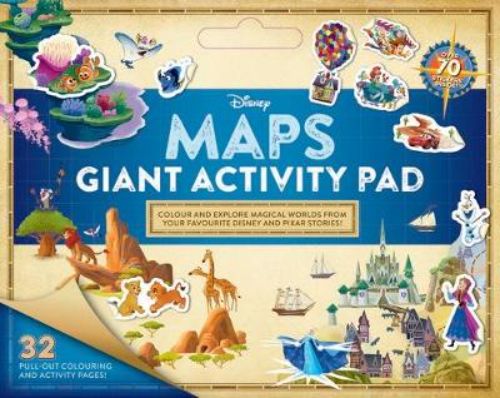 Giant Disney activity pad with oversized maps to color, fun activities, stickers, and a convenient carry handle for kids.