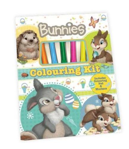 Disney Bunnies Colouring Kit with 48 pages, 5 vibrant markers, and a durable hardcover case for creative fun on the go.