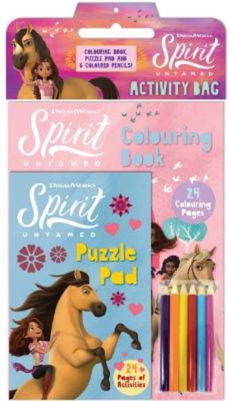 Activity bag featuring 48 pages of art, puzzles, and games inspired by DreamWorks' Spirit Untamed for creative kids aged 4+.