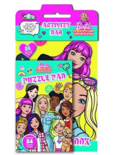 Barbie Dreamhouse Adventures Activity Bag featuring 48 pages of puzzles, mazes, coloring, and over 100 stickers for creative fun.