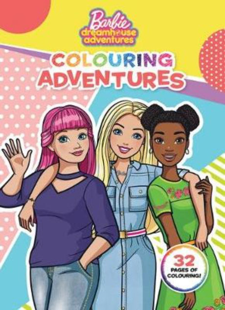 Colouring book featuring Barbie and friends with 32 pages of fun line art for creative young artists.