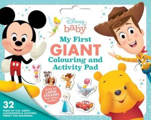 Giant Disney Baby colouring pad featuring Winnie the Pooh, Mickey Mouse, and stickers, perfect for toddlers' creativity and learning.