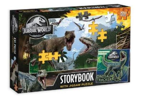 A fun storybook and 100-piece puzzle featuring Jurassic World dinosaurs like Velociraptor and T. rex for young explorers.