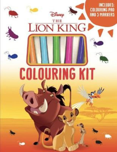 Colouring kit featuring 48 Lion King designs, markers included for creative fun with Simba and friends.