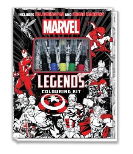 Marvel Adult Colouring Kit featuring 24 intricate pages and 5 brush markers to creatively color iconic superheroes.