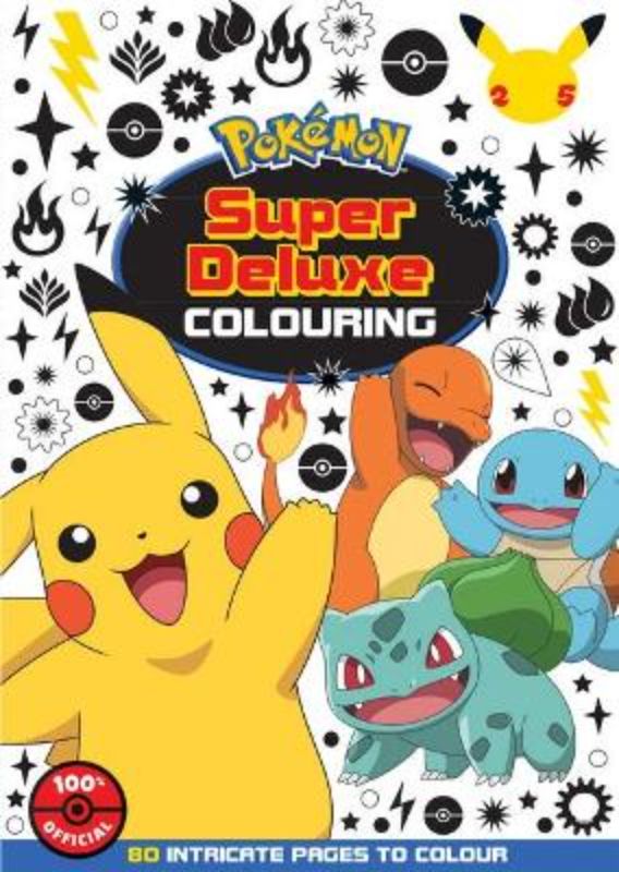 Adult coloring book featuring intricate Pokémon designs, celebrating 25 years with beloved characters like Pikachu and Eevee.