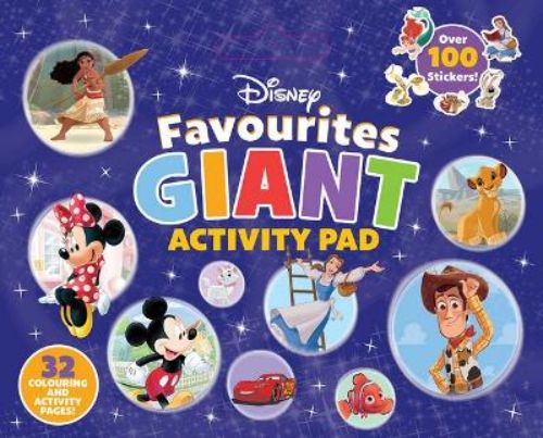 Giant Disney activity pad featuring 32 pages of coloring and puzzles with iconic characters like Mickey and Cinderella.