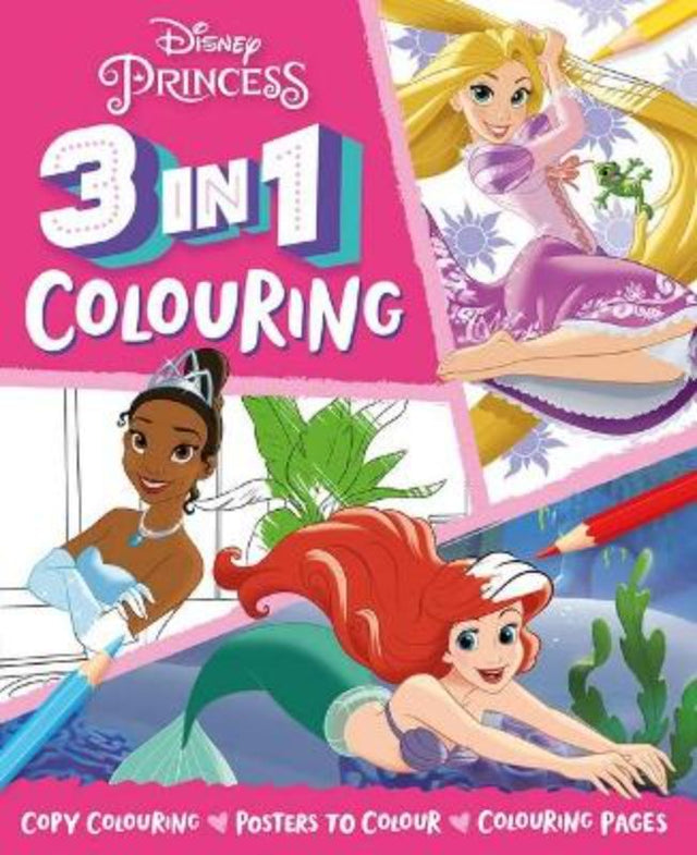 Colorful Disney Princess: 3 in 1 Colouring book with 32 pages for creative fun, featuring beloved characters and activities.