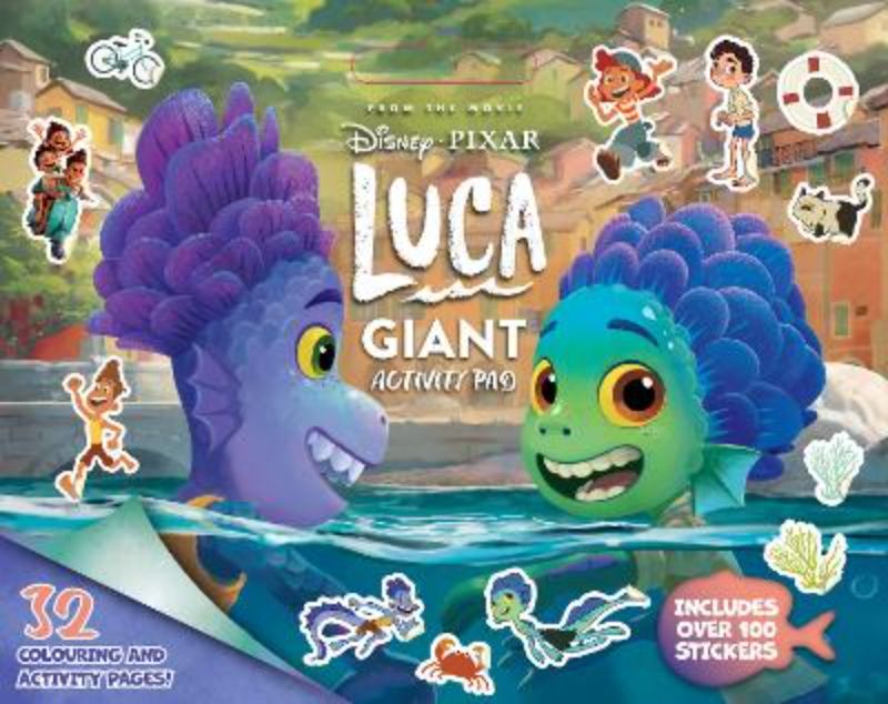 Giant Disney-Pixar Luca Activity Pad with 32 oversized pages of coloring, puzzles, and over 100 glossy stickers for creative fun.