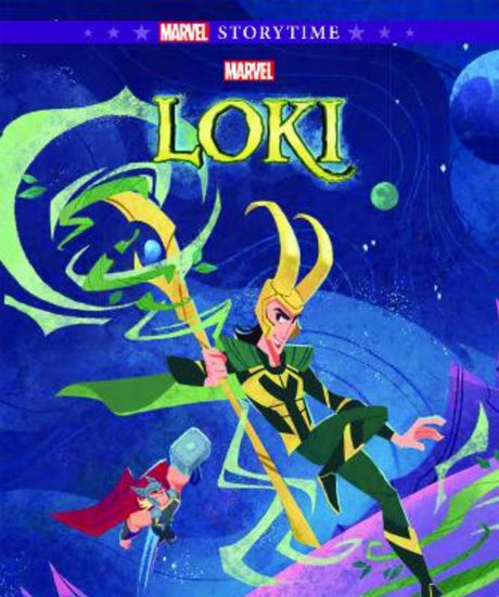 Loki storybook cover showcasing vibrant illustrations of Loki and Thor on a whimsical adventure with a stone dragon.