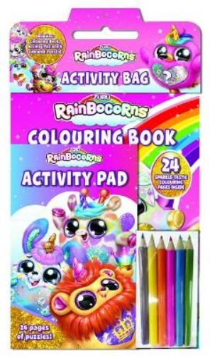 Colorful Rainbocorns Activity Bag with coloring book, activity pad, and six colored pencils for creative fun and imaginative play.