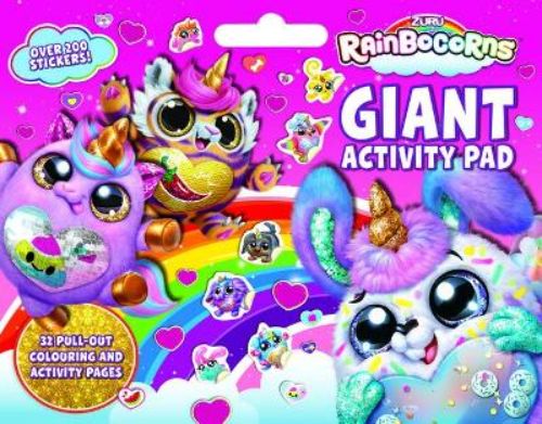 Vibrant Rainbocorns Giant Activity Pad with 32 pages of puzzles, coloring, and over 100 glossy stickers for creative play.